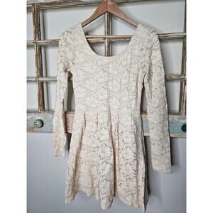 Free People Cottage Core Cream Scoop neck Knit Lace Mini Dress size Small
